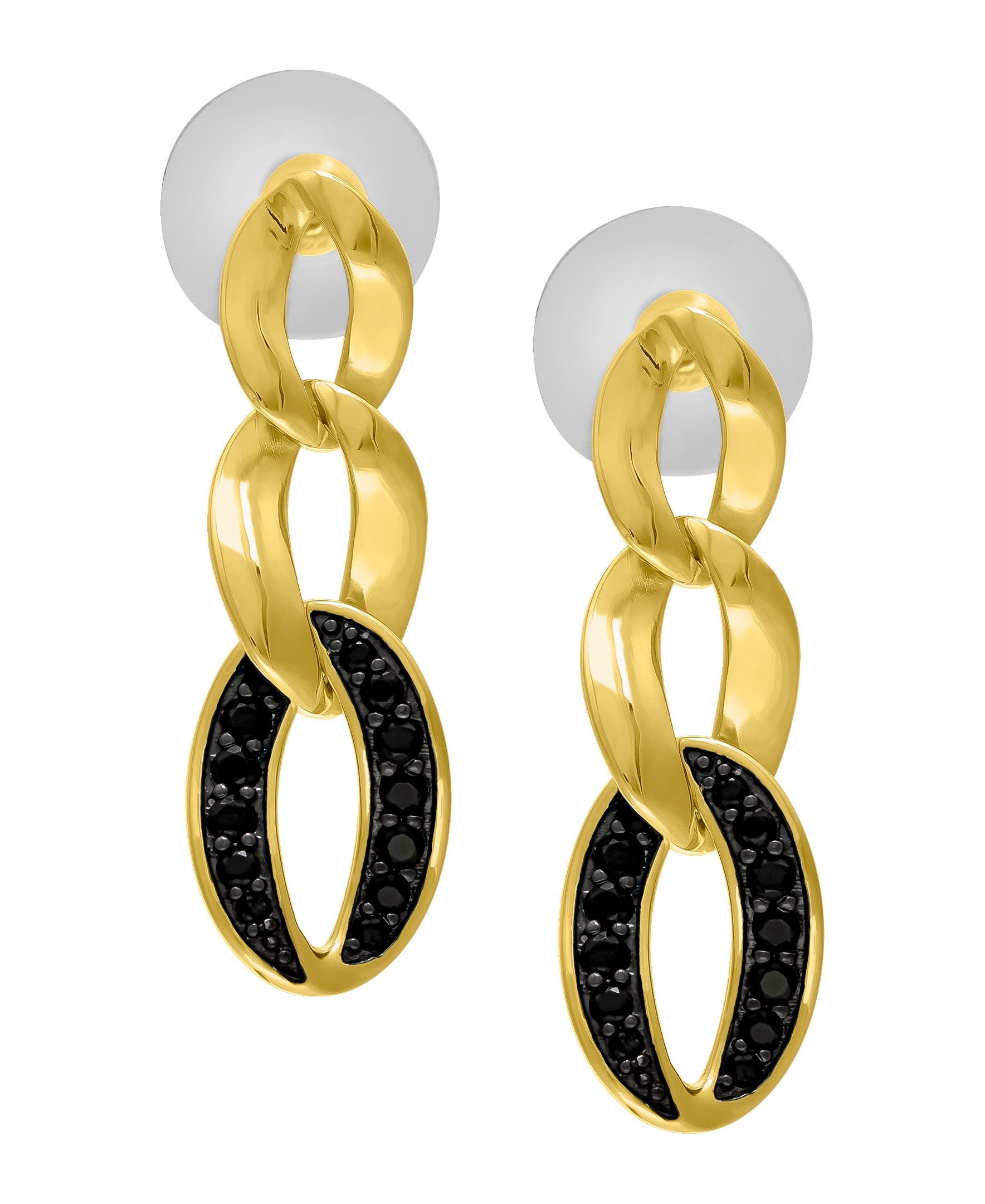 Yellow Gold Plated Black Cubic Zirconia Chain Drop Earrings