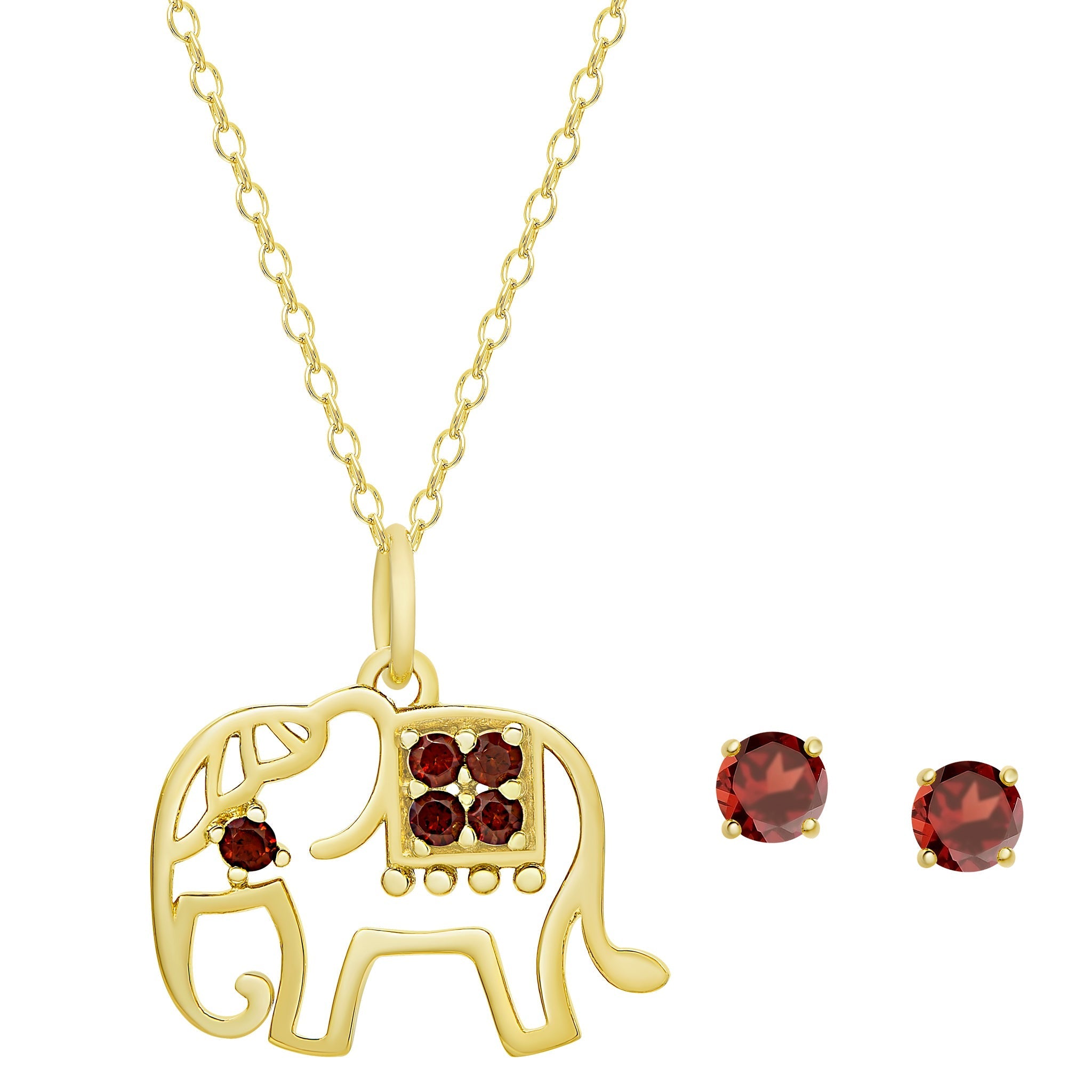 18K Gold Over Sterling Silver Garnet Gemstone Elephant Pendant & Stud Set - chicjewelry4u.com