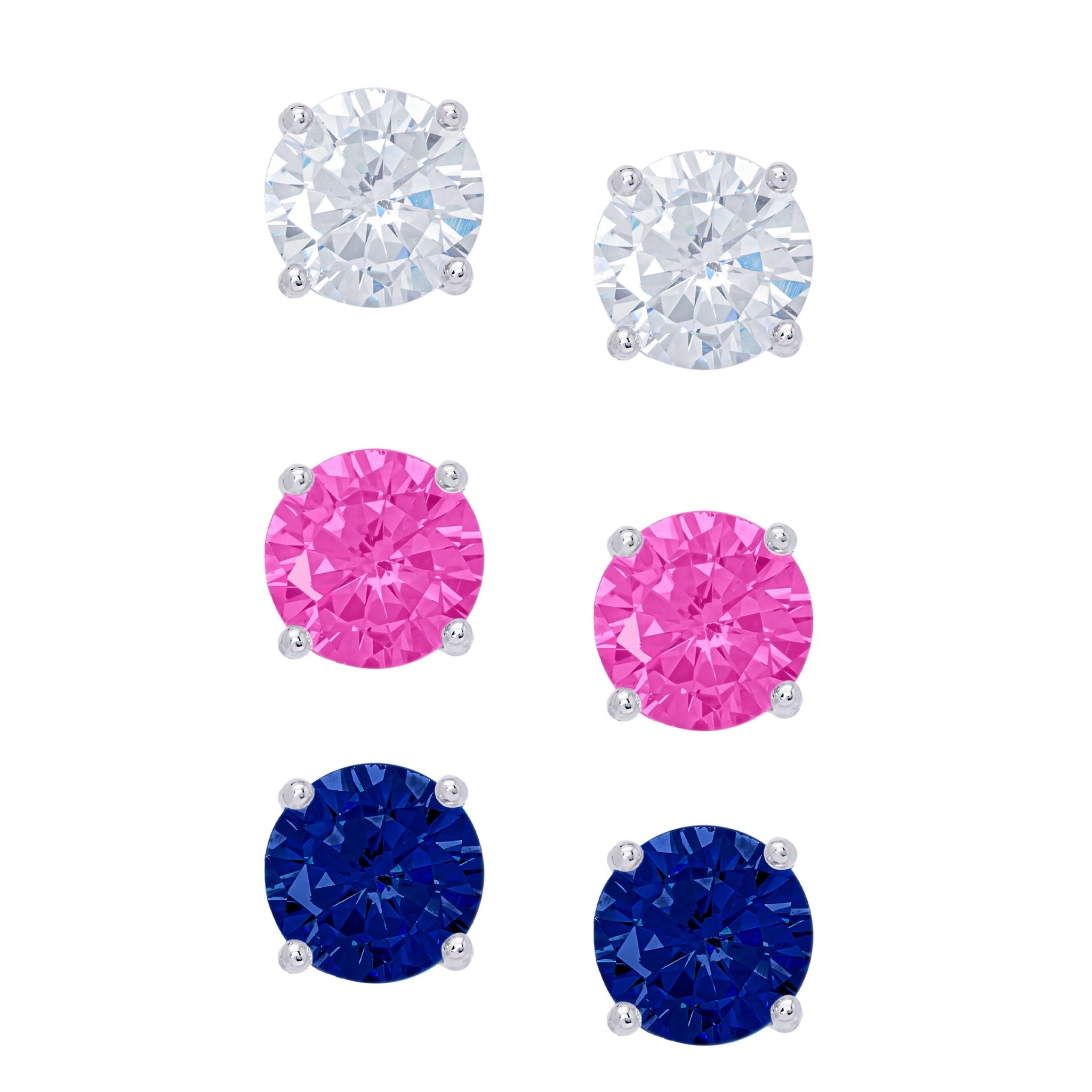 Sterling Silver Lab Pink, White, Blue Gemstone Sapphire Stud Earring Set - chicjewelry4u.com