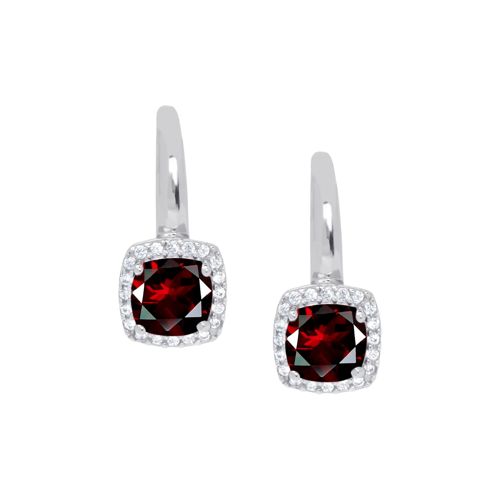 Sterling Silver Garnet Gemstone & Cubic Zirconia Cush Lever back Earrings - chicjewelry4u.com