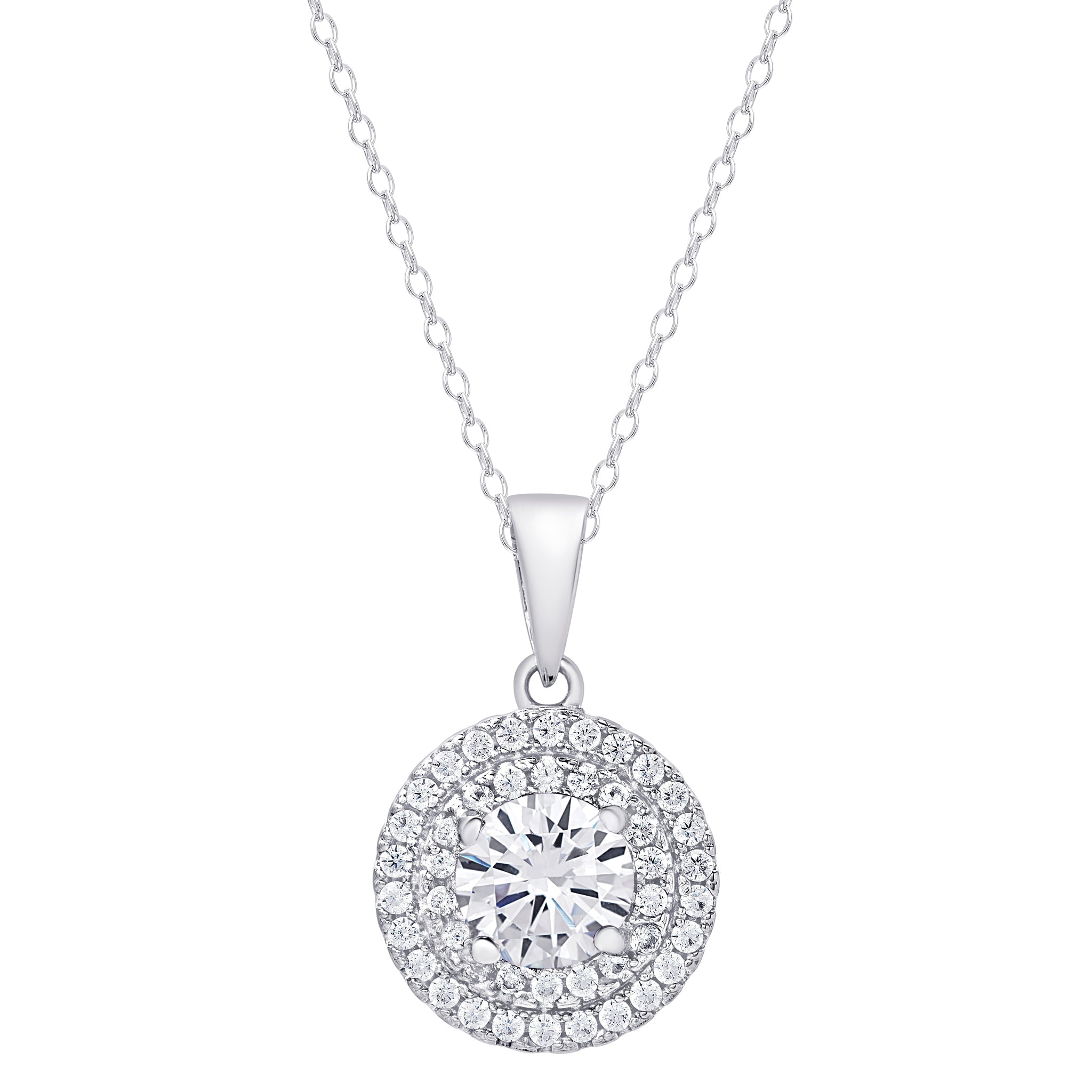 Sterling Silver Cubic Zirconia Double Halo Round Pendant - chicjewelry4u.com