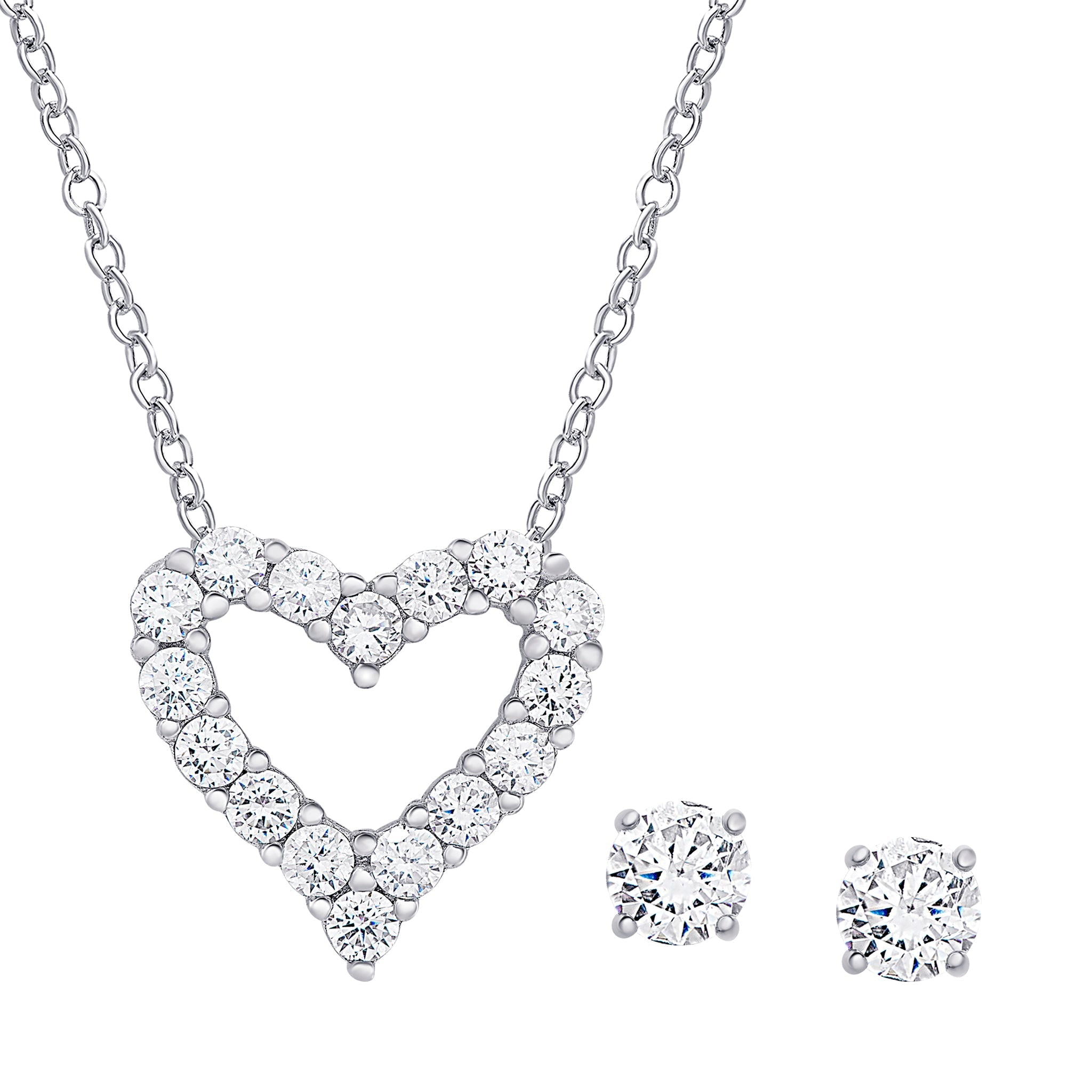 Sterling Silver Cubic Zirconia Heart Pendant & Stud Set - chicjewelry4u.com