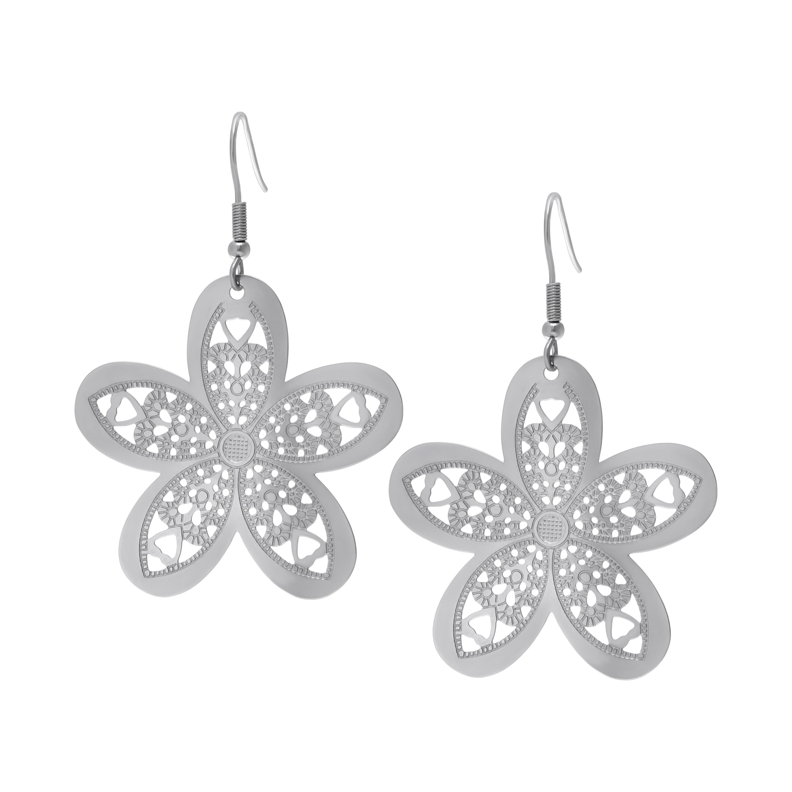 Silver-plated Stainless Steel Intricate Flower Earrings