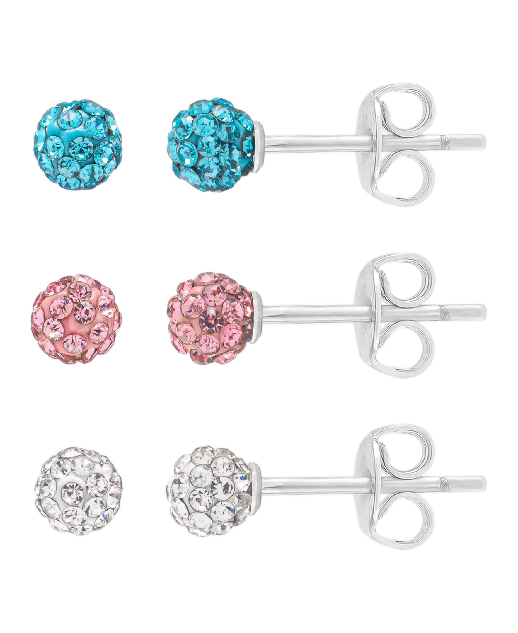 Silver Plated Crystal Ball 3PC Stud Set Earrings