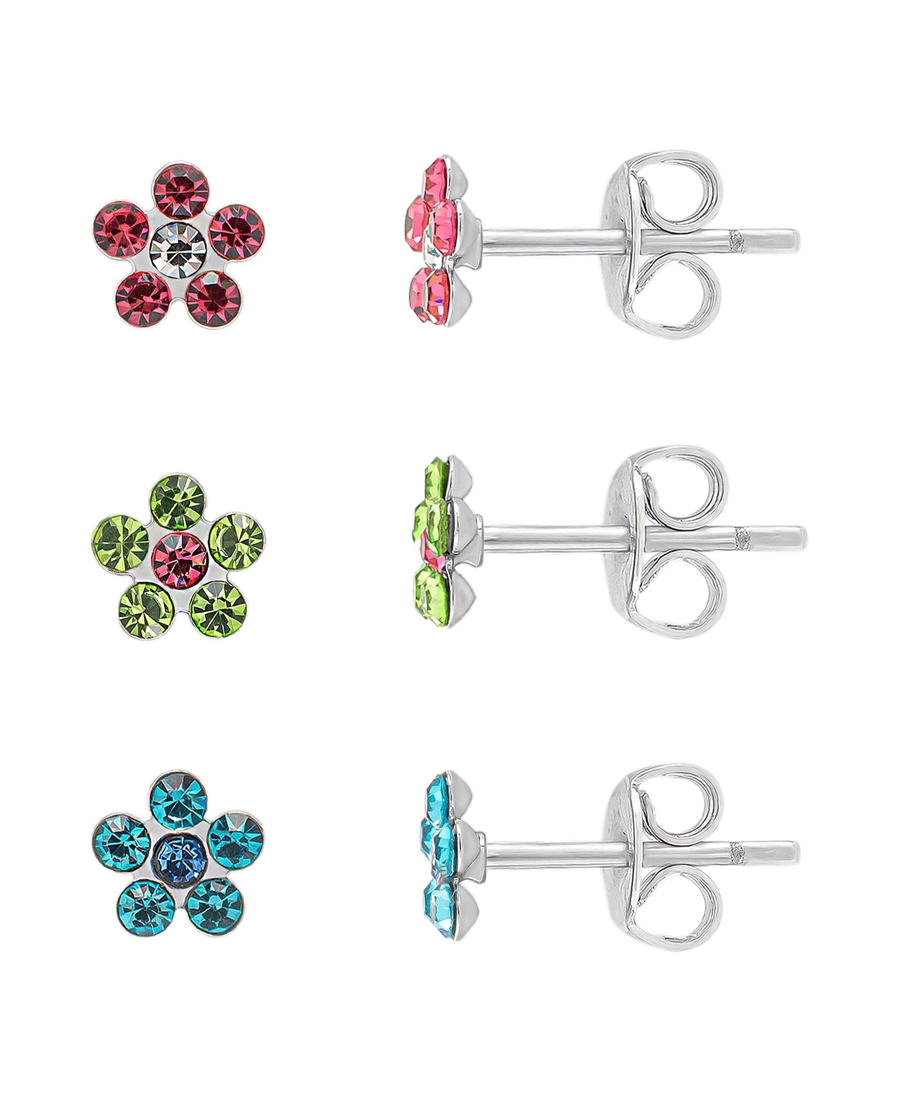 Silver Plated Crystal Flower 3PC Stud Set Earrings