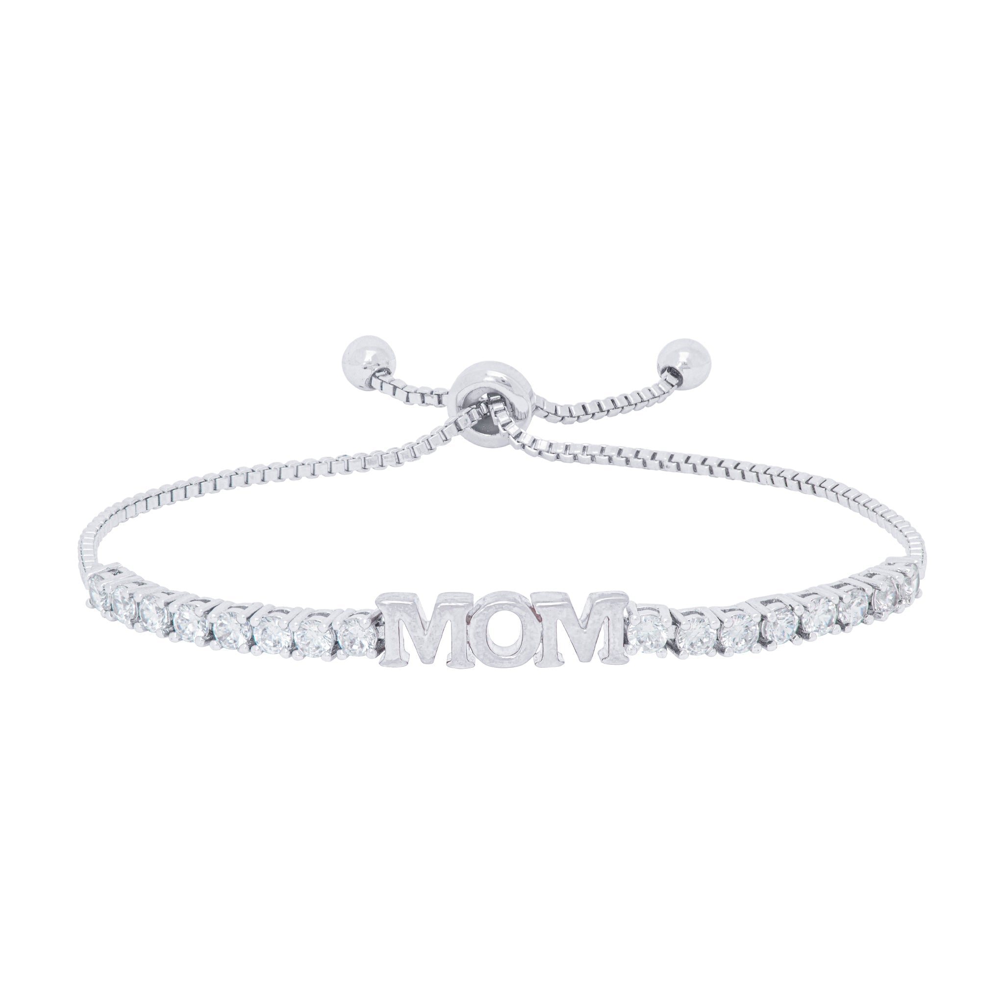 Silver Plated Cubic Zirconia 'Mom' Adjustable Bracelet