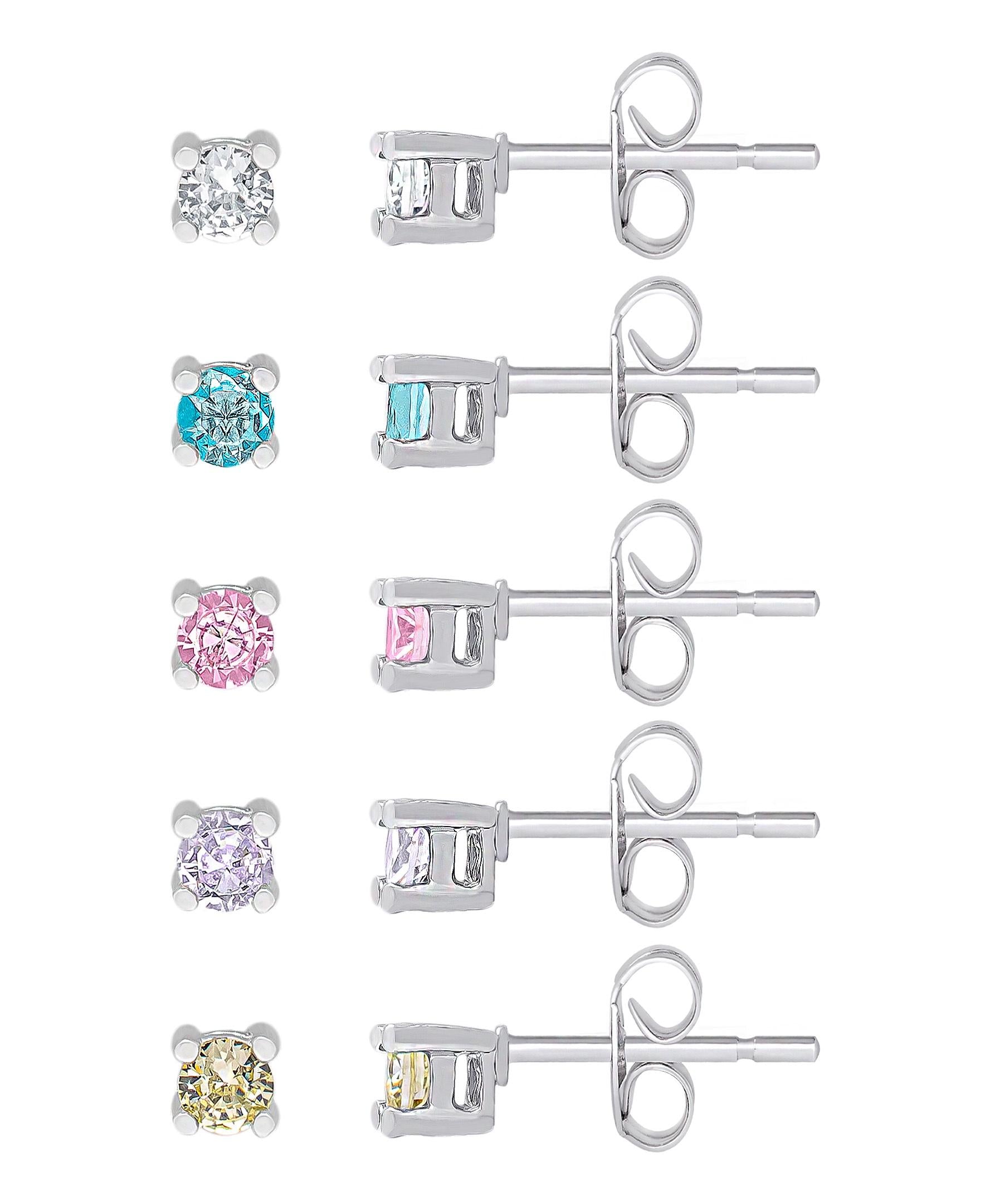 Silver Plated Multi Colored Cubic Zirconia 5PC Stud Set Earrings