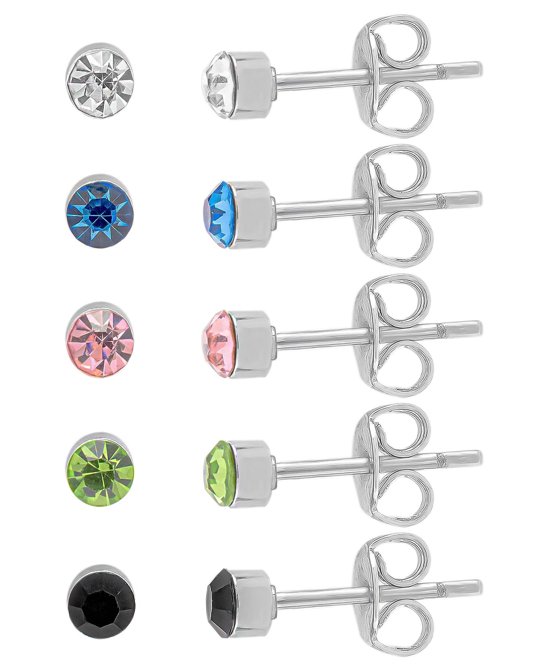 Silver Plated Multi Crystal 5PC Stud Set Earrings