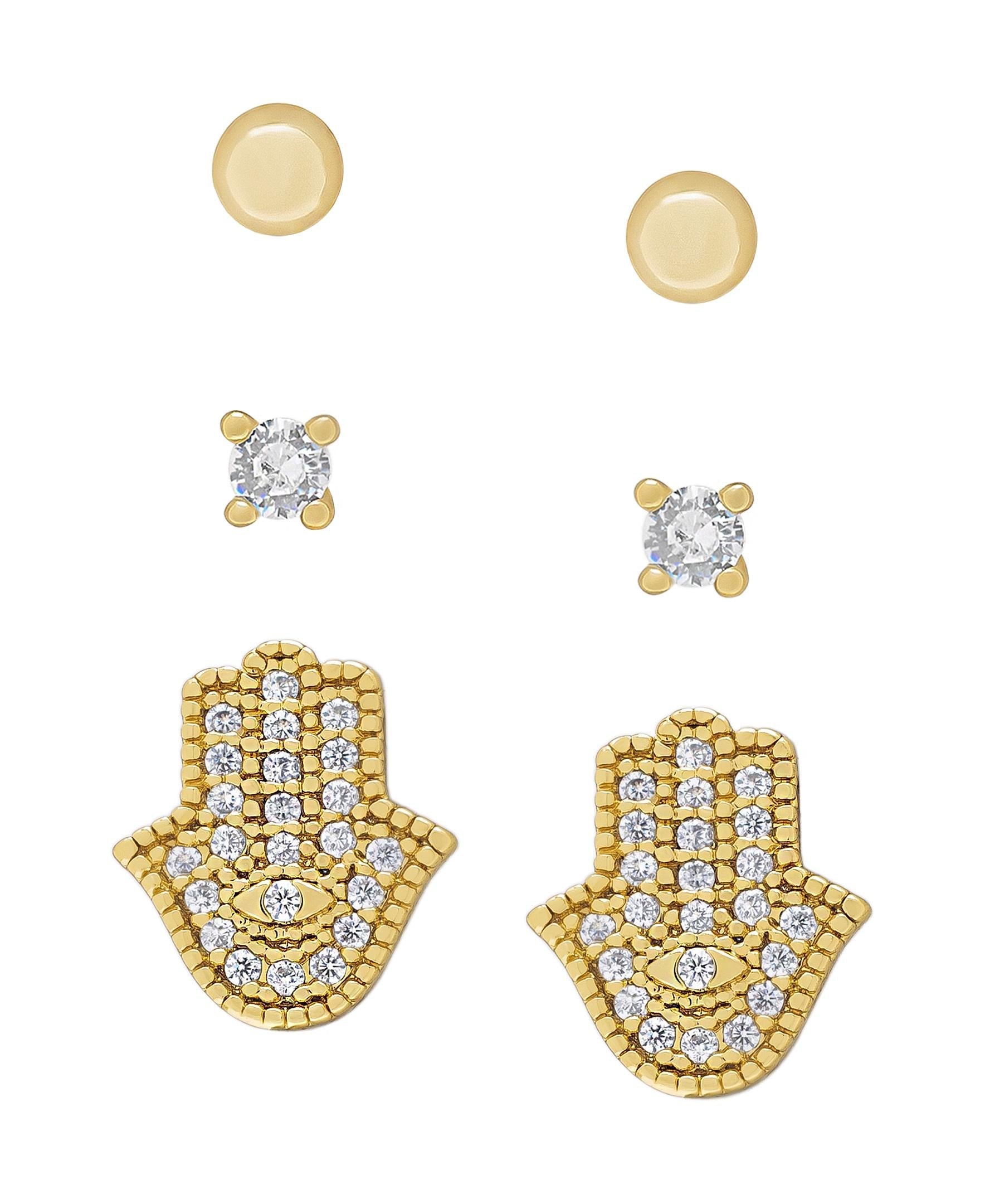 Gold Plated Ball, Cubic Zirconia Round & Hamsa Hand Stud 3PC Stud Set Earrings - chicjewelry4u.com