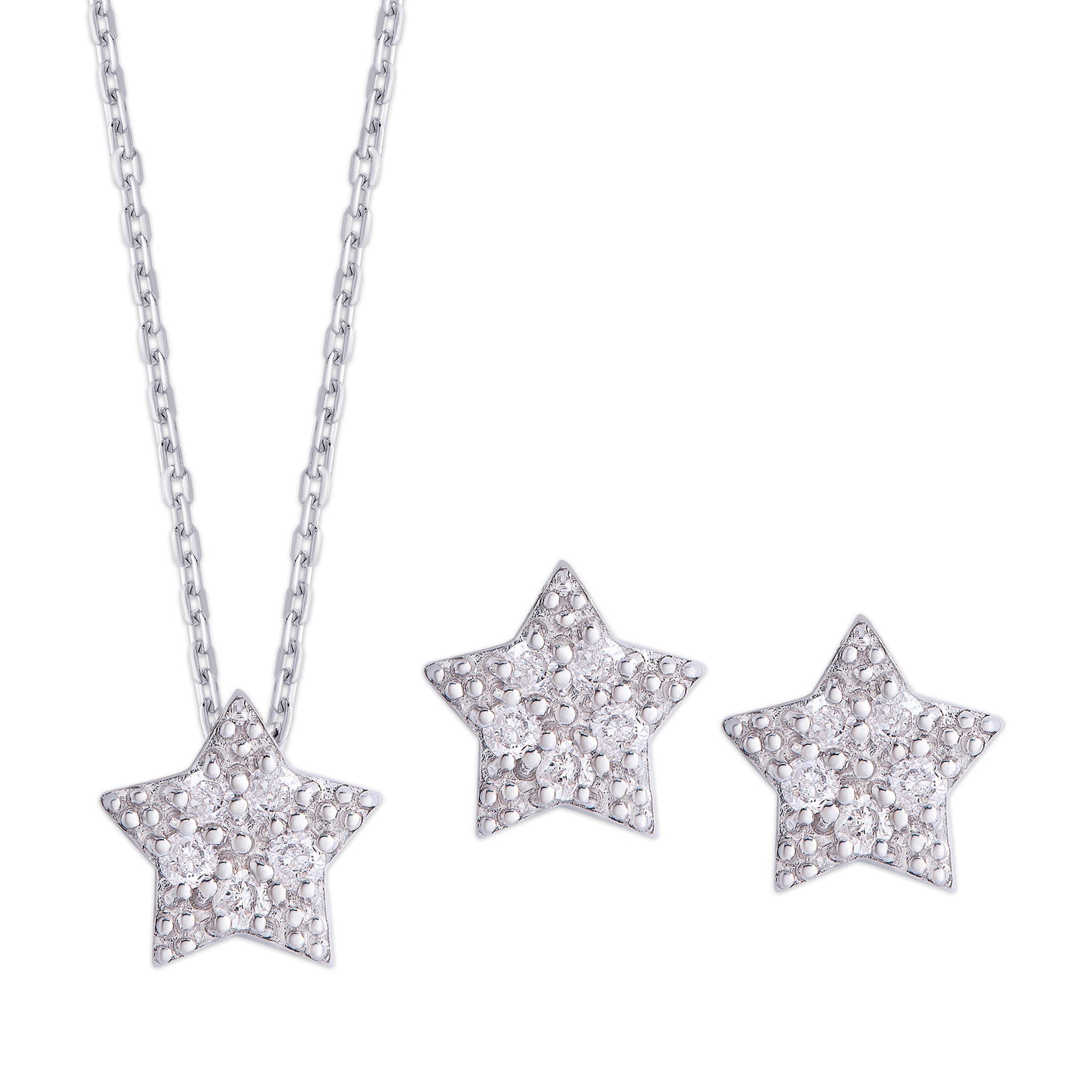 Sterling Silver .23 Ct Diamond Star Necklace and Earrings Set