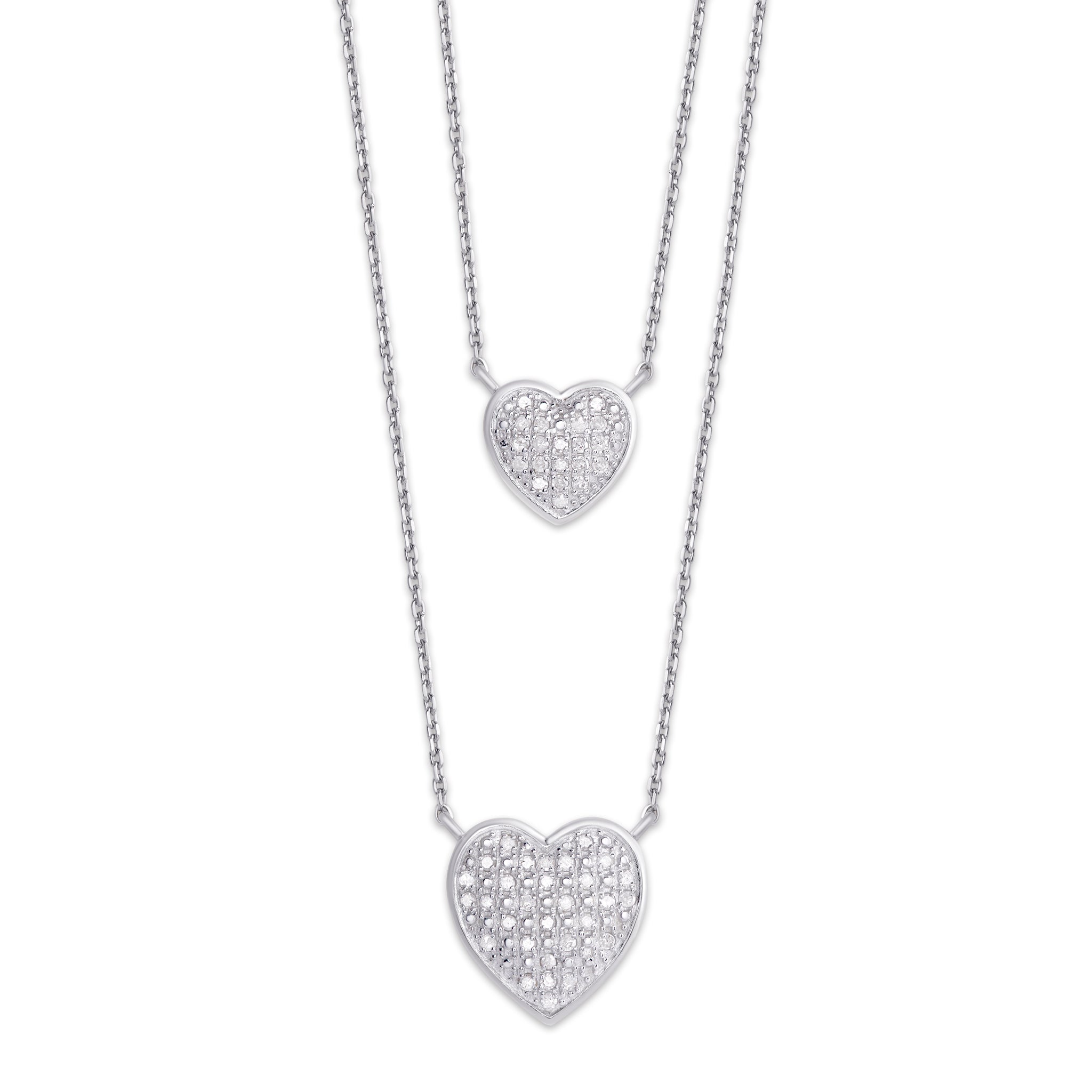 Sterling Silver 1/4 Ct Diamond Double Heart Two Tier Necklace