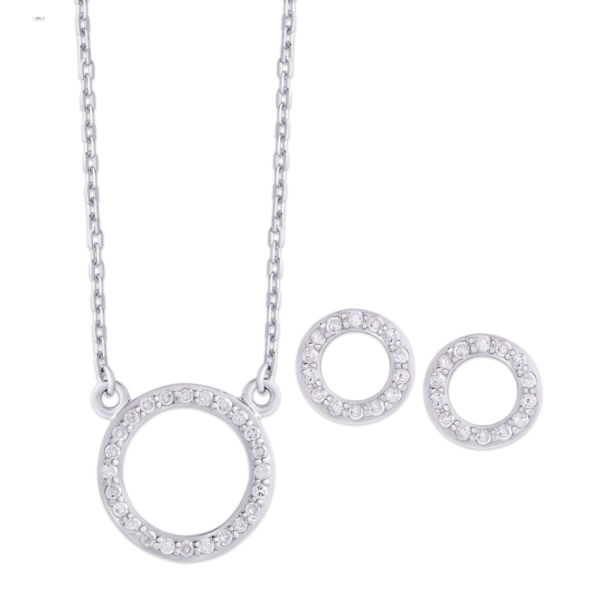 Sterling Silver 1/4 Ct Diamond Circle Necklace and Earrings Set