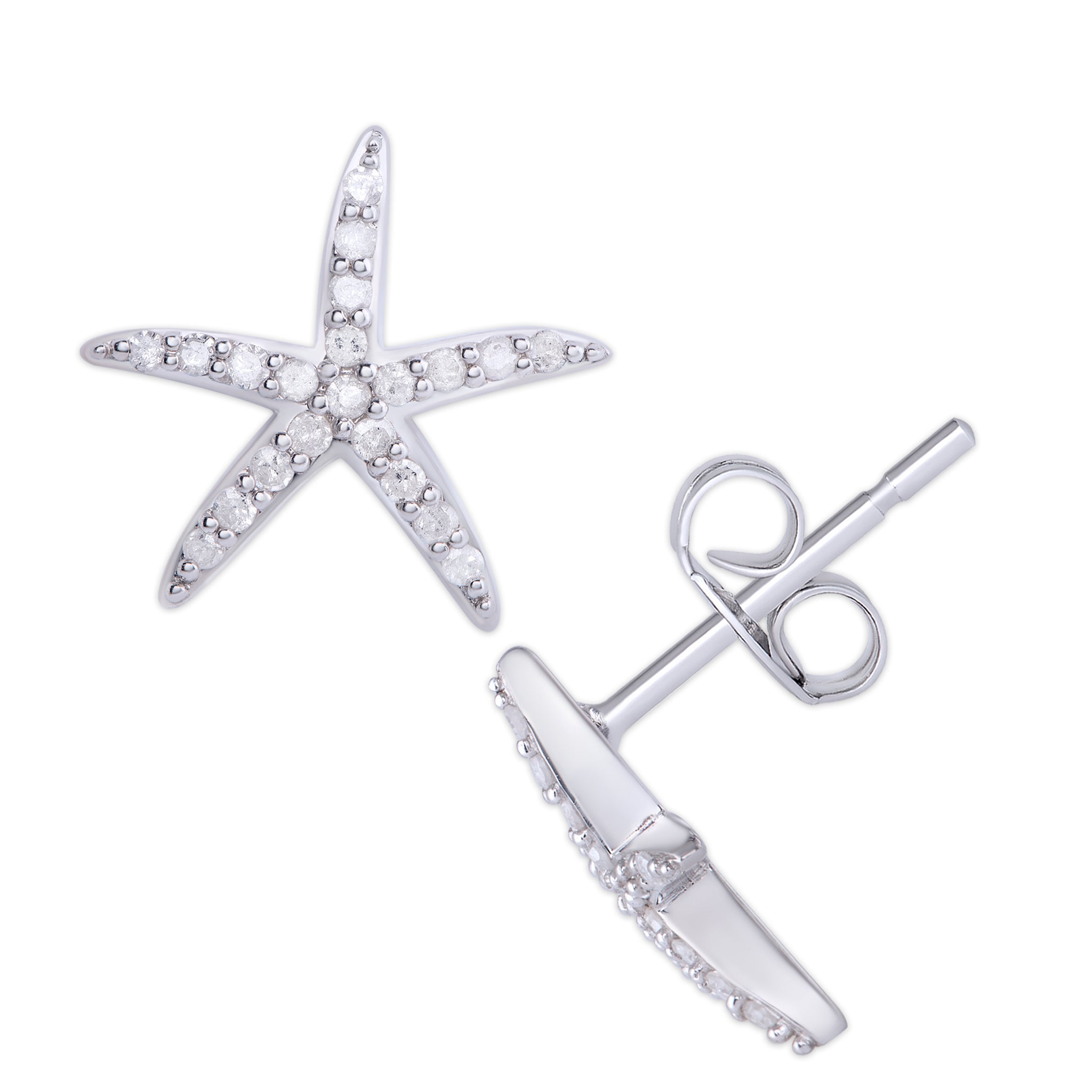 Sterling Silver 1/5 Ct Diamond Starfish Stud Earrings
