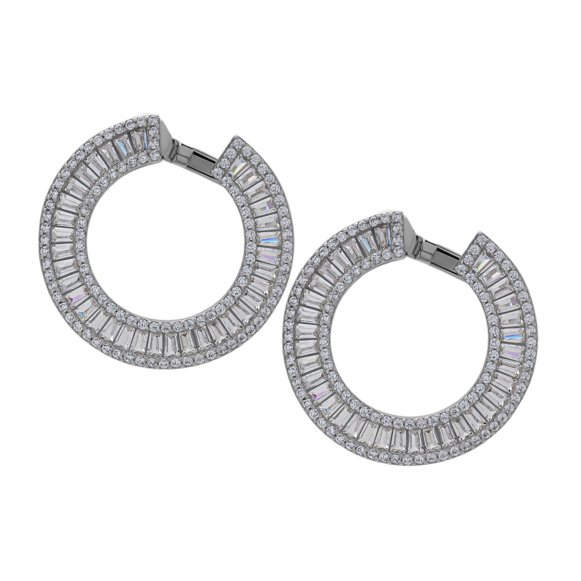 Sterling Silver Cubic Zirconia Baguette Circle Earrings