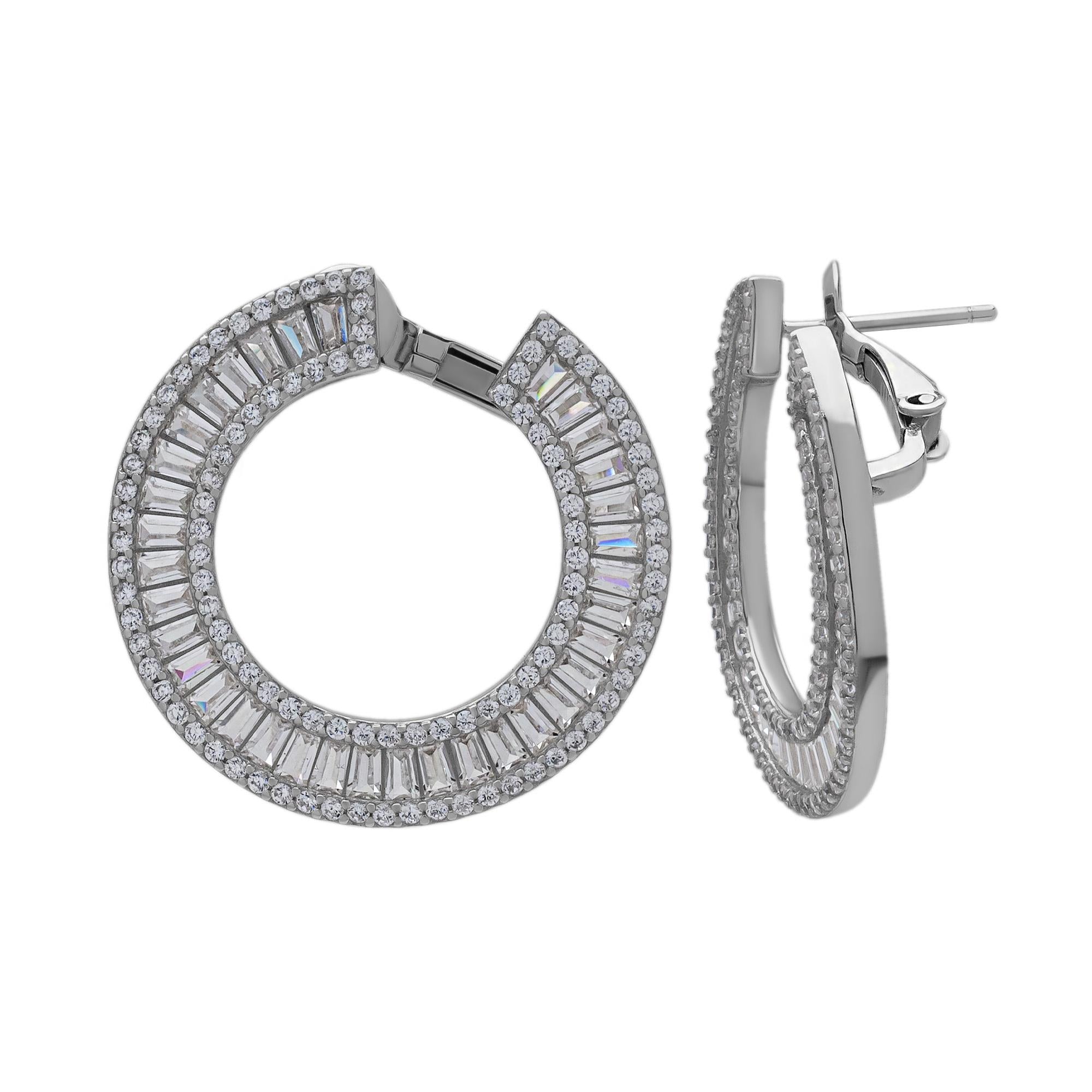 Sterling Silver Cubic Zirconia Baguette Circle Earrings