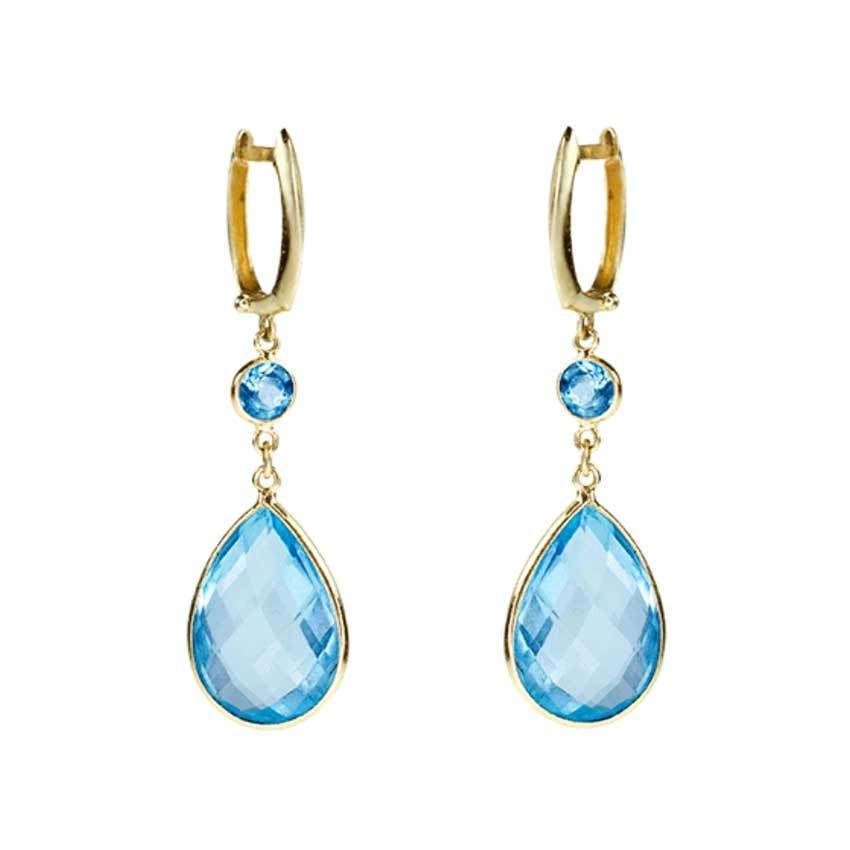 14k Blue Topaz Dual Bezel Huggie Hoop Dangle Earring - chicjewelry4u.com