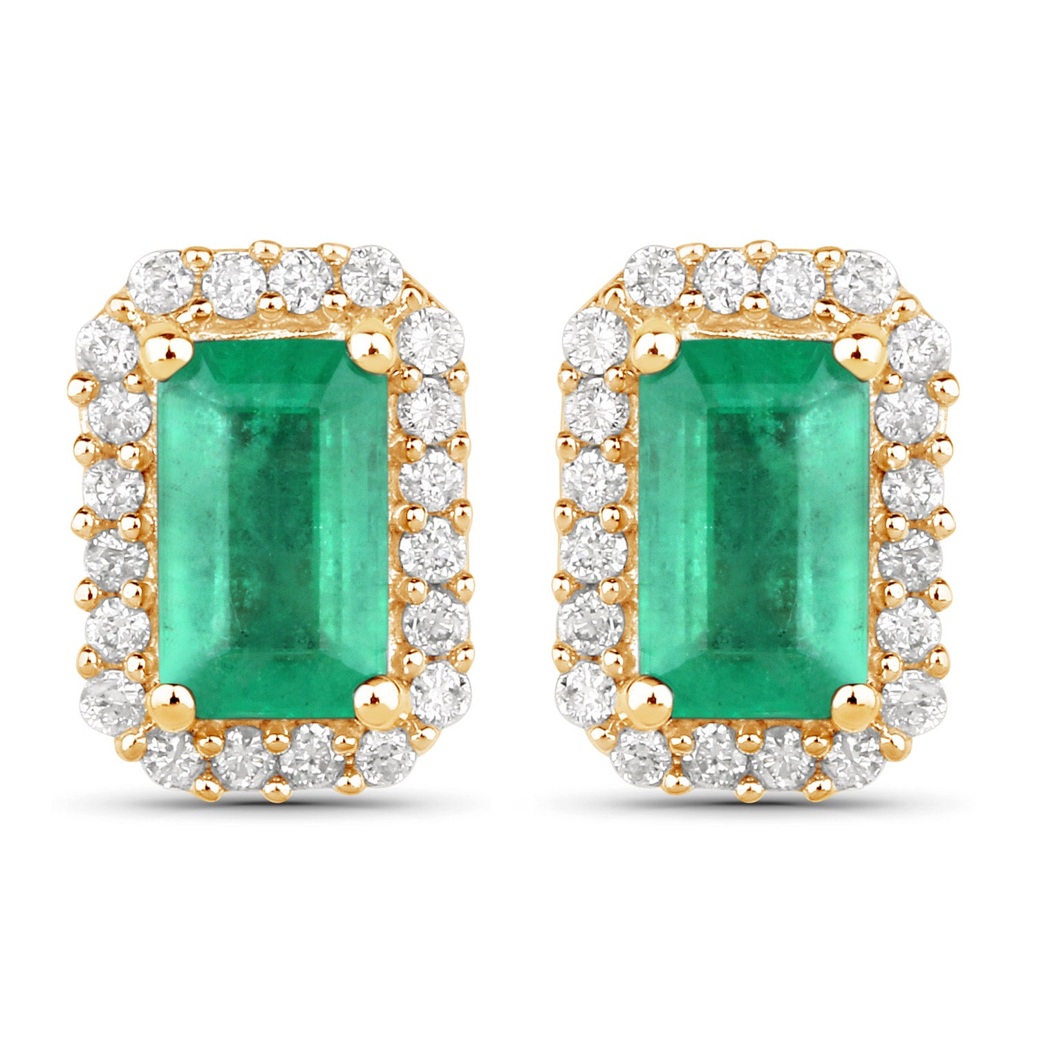 0.91 Carat Genuine Zambian Emerald and White Diamond 14K Yellow Gold Earrings