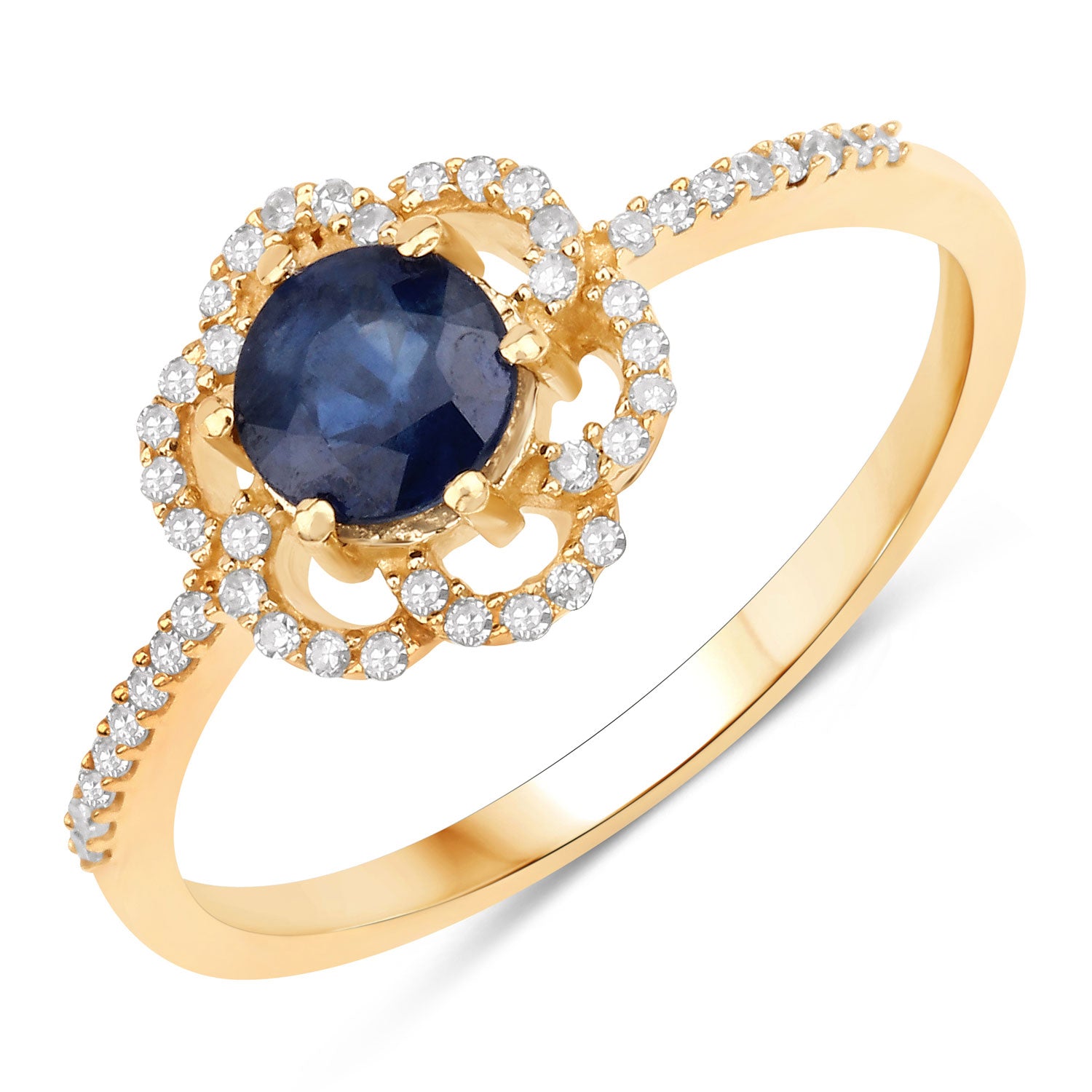 0.78 Carat Genuine Blue Sapphire and White Diamond 14K Yellow Gold Ring