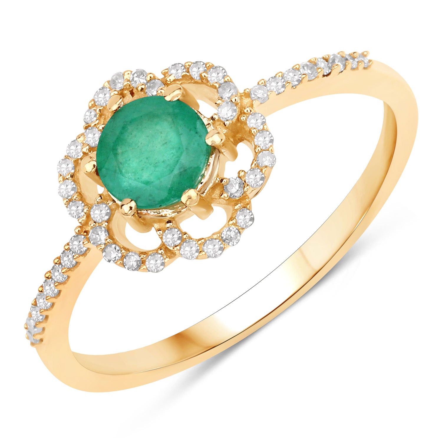 0.55 Carat Genuine Zambian Emerald and White Diamond 14K Yellow Gold Ring