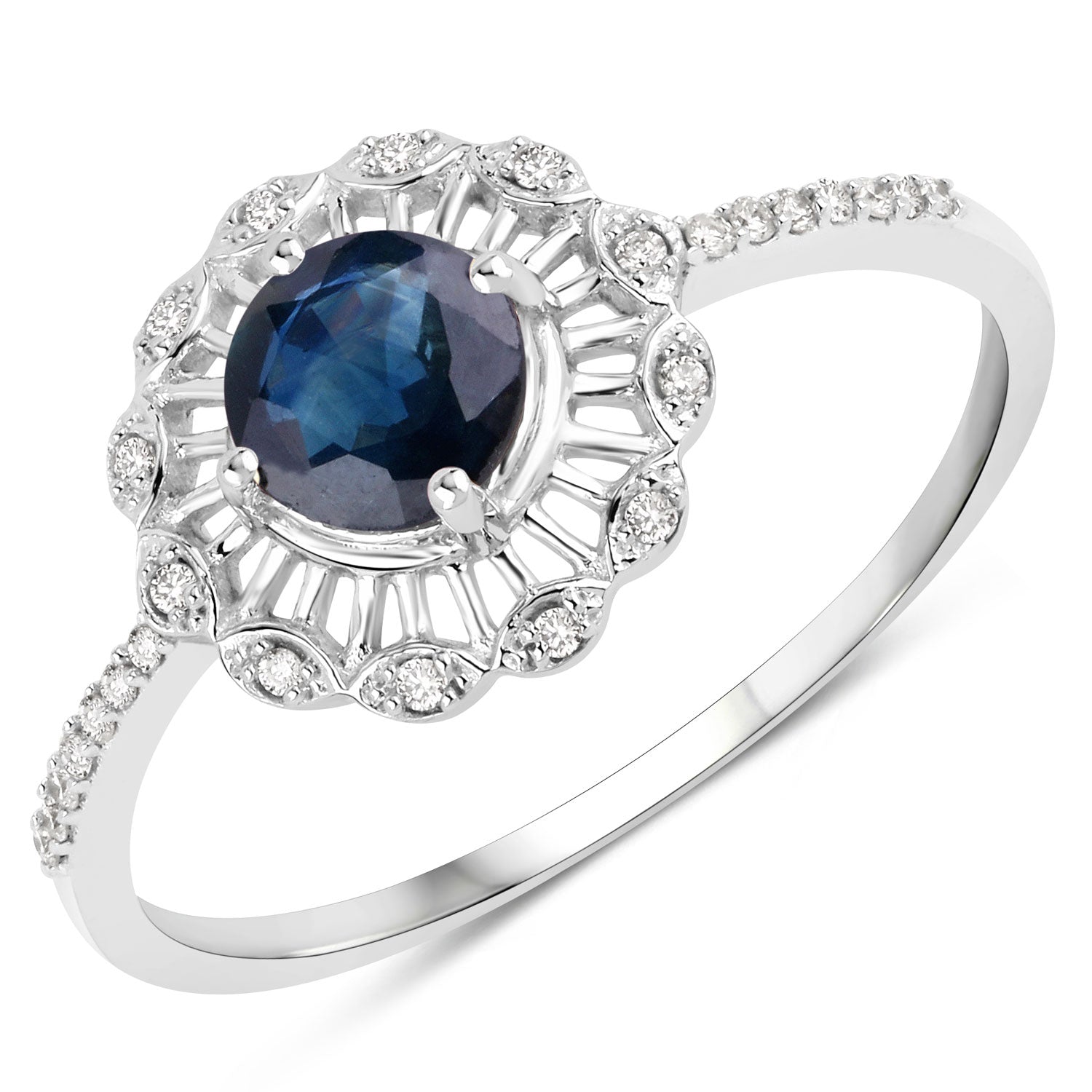 0.72 Carat Genuine Blue Sapphire and White Diamond 14K White Gold Ring