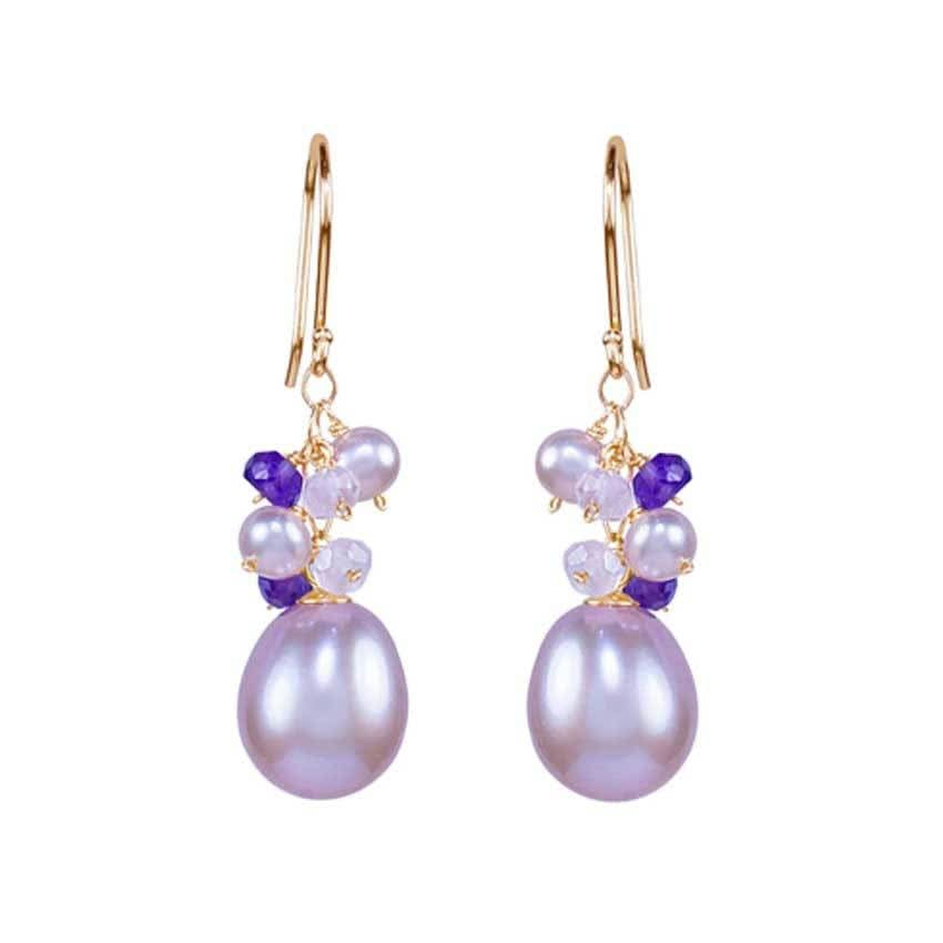 14k Pink Freshwater Pearl, Amethyst. and Rose Quartz Hook Earring